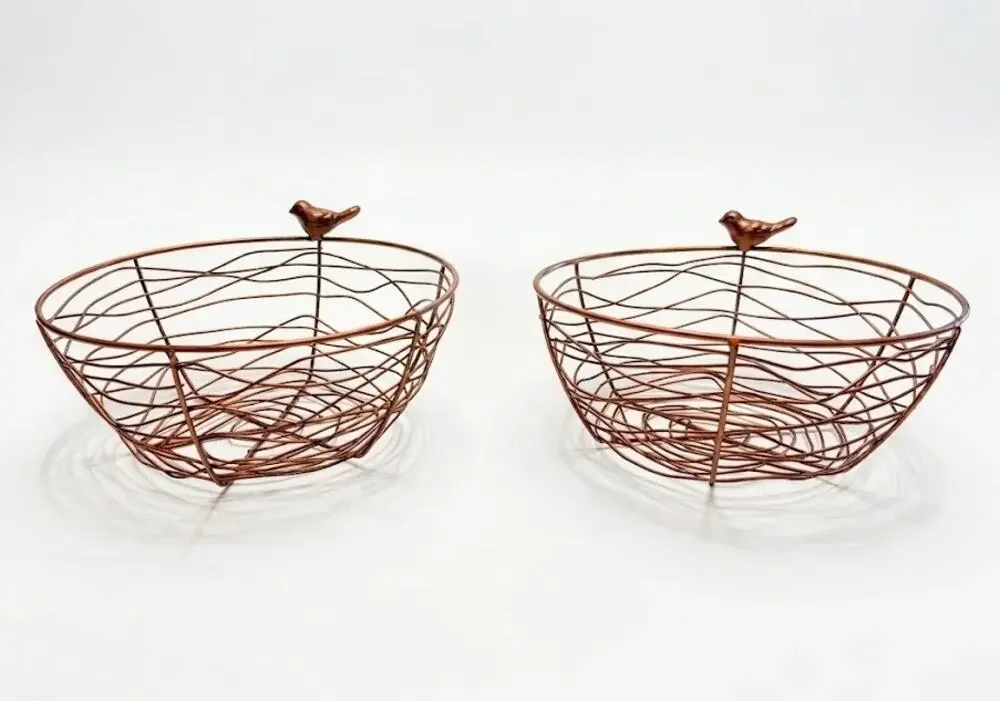 Vintage 1970s Handmade Copper Tone Wire Nest Baskets with Bird Finials Set of 2